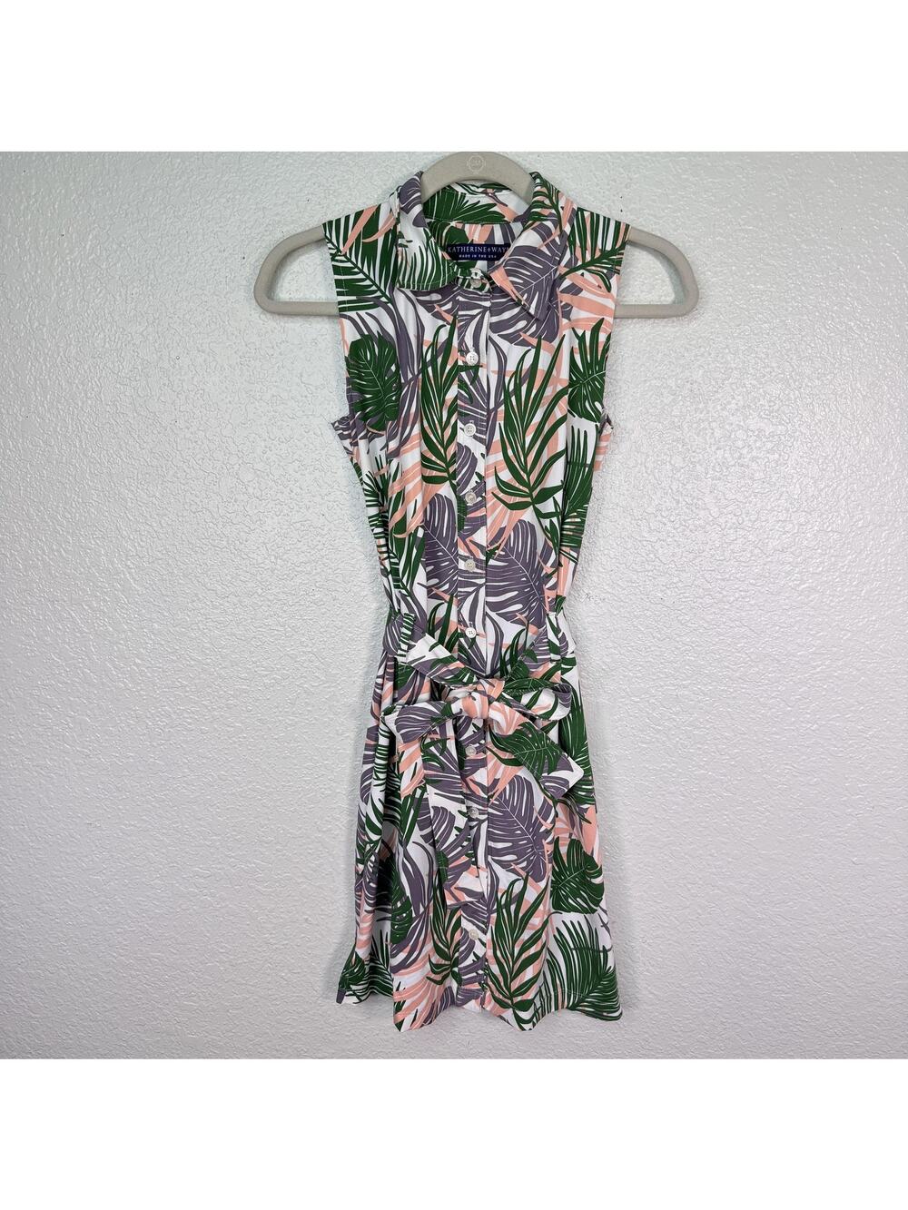 Katherine Way Shirt Dress Womens XS Tropical Palm Leaf Belted Green Collared